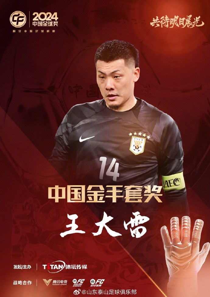  王大雷榮獲中國金手套獎，謝文能入選中國金球獎候選人前三名