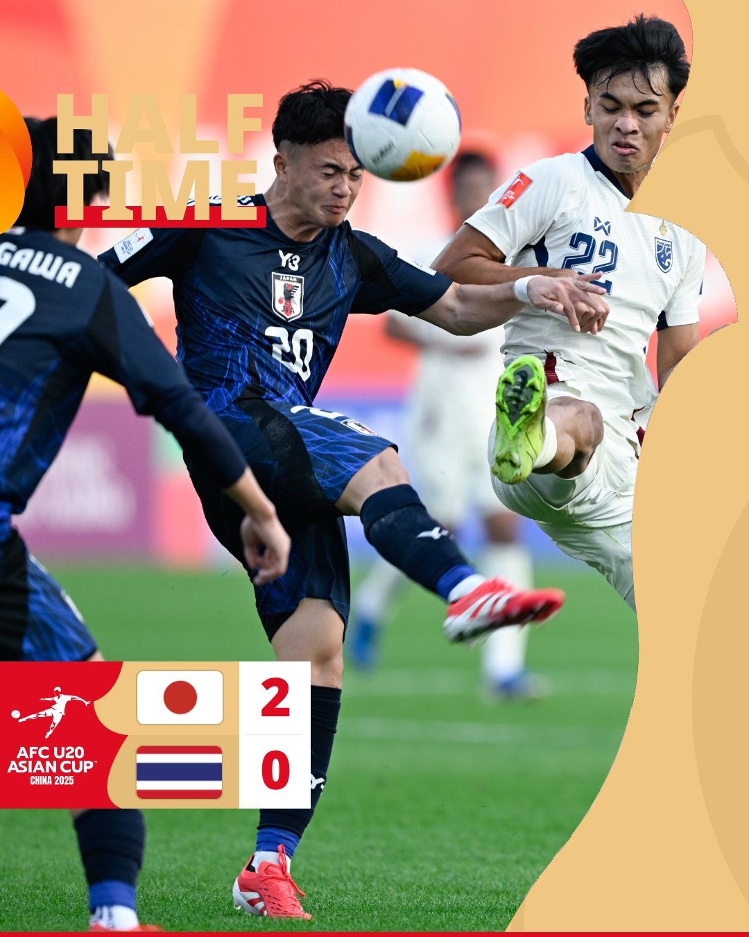  半場(chǎng)-日本U20 2-0領(lǐng)先泰國(guó)U20，石井久繼破門+中柱 泰國(guó)0射正
