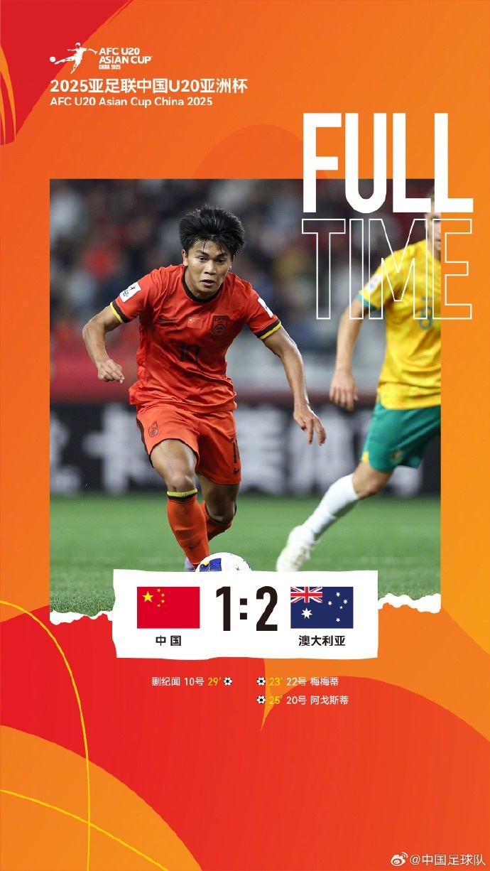  U20亞洲杯小組賽A組第三輪，中國(guó)隊(duì)1比2負(fù)于澳大利亞隊(duì)