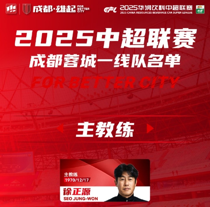  成都蓉城一線隊(duì)大名單出爐！